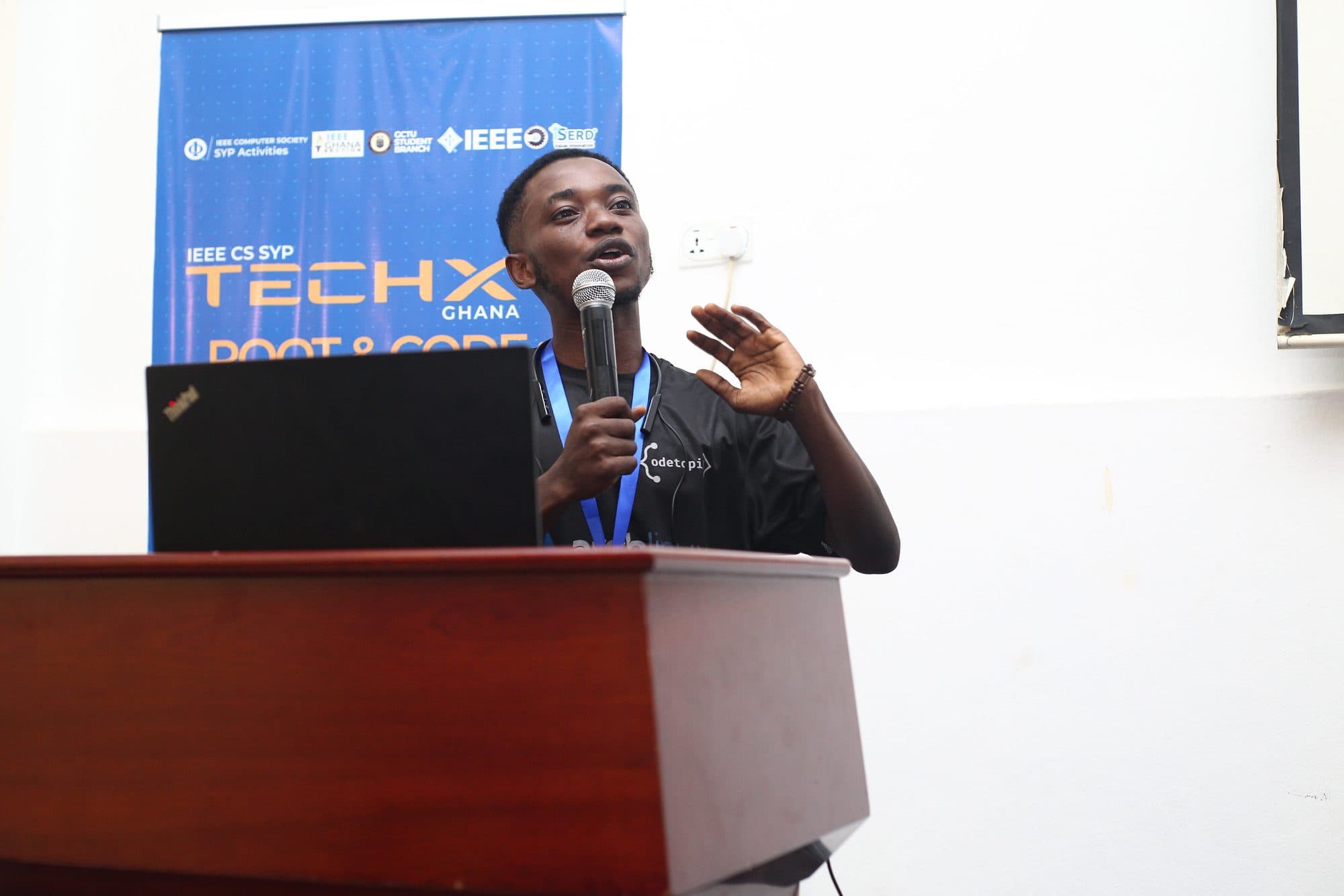 A Codetopia member speaking at IEEE CS SYP TechX Ghana